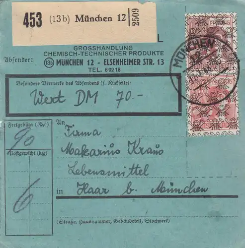 BiZone Paketkarte 1948: München n. Haar, Wertkarte, Selbstbucher, bes. Formular