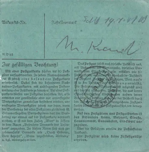 BiZone Paketkarte 1948: München n. Haar, Wertkarte, Selbstbucher, bes. Formular