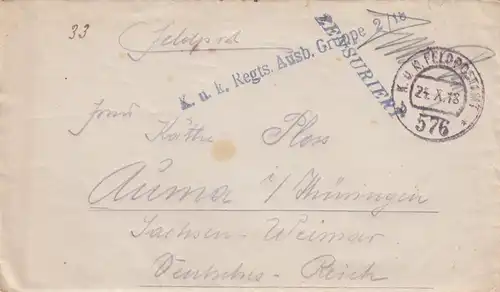 1918 Bureau de poste de terrain Groupe de formation, Censé à Auma/Thuringe avec contenu de la lettre