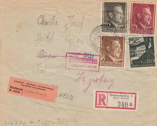 GG Suisse Internationenpost recommandé Chenstochau vers Zugerberg, 2x censure