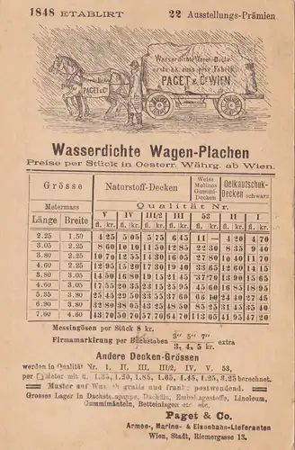 1890: Wien nach Offenbach: Werbung Wasserdichte Wagen Plachen (Planwagen)