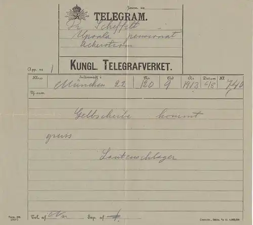1913: Sweden/Telegram nach Uppsala - 10 Öre