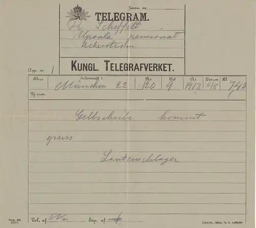 1913: Sweden/Telegram vers Uppsala - 10 Öre