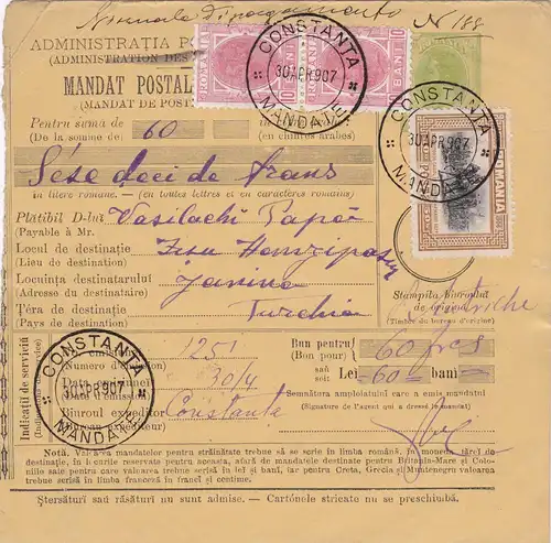 1907: Parcel card Romania/Constanta/Mandate to Janina/Austria