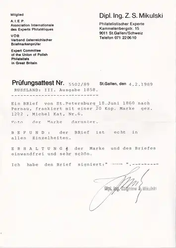 1860: Lettre recommandé de Saint-Pétersbourg à Pernau, 20 kop. Marque - Attest