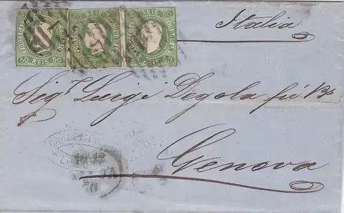 1868: letter from Portugal (Mi n° 21) to Gênes/Italy