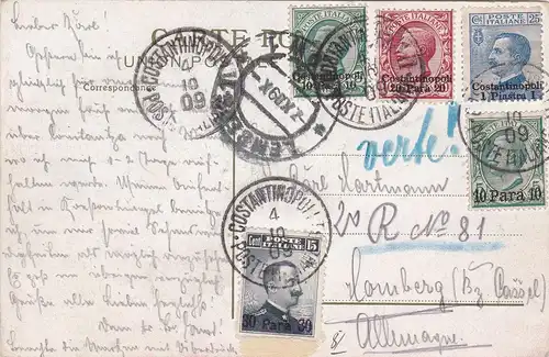 1909: Italy to Germany, registerd, Costantinopol (Galata)
