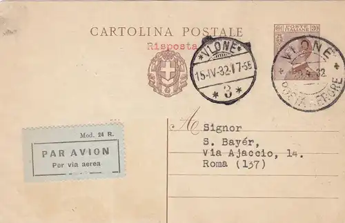 1932: Carte postale Italienne Vlone/Valona to Roma