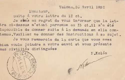 1932: Carte postale Italienne Vlone/Valona to Roma