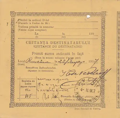 1907: parcel card Romaina/Bucaresti to Bulgaria