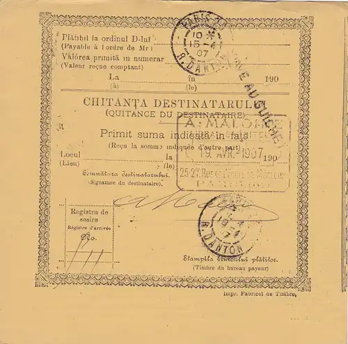 parcel card Romaina 1907 - Bucaresti to France