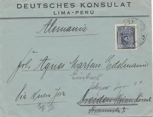 Pérou Consulat allemand Lima to Dresden, forwarded to Einbeck
