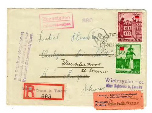 GG: Interniertenbrief: Dabrowa/ Wietrzychowice nach Aargau, Postamt Auflieferung