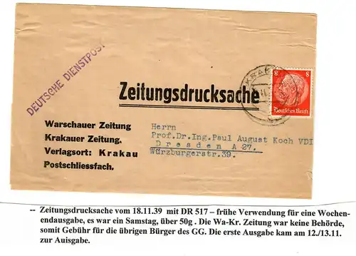 GG: sehr frühes Streifband nach Dresden, 18.11.1939