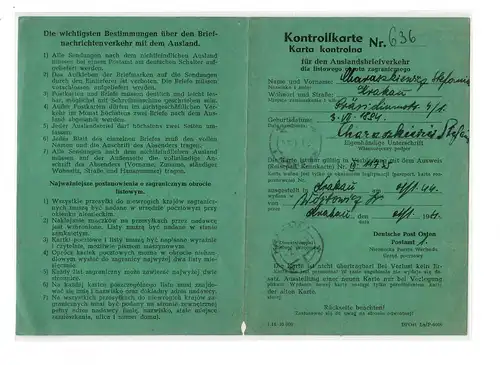 GG: Kontrollkarte für Auslandsbriefverkehr Krakau, 1944