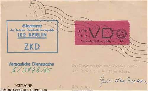 DDR: 1965: ZKD - Vertraulich von Berlin nach Riesa
