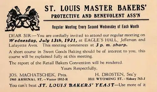 USA 1921: post card Saint Louis Master bakers