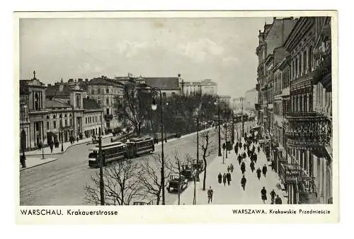 GG: AK Warschau - Krakuer Straße, mit Straßenbahn, 1941, Feldpost