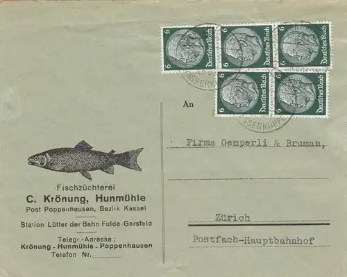 Brief 1935, Fischzüchterei Poppenhausen, Kassel/Fulda-Gersfeld nach Zürich