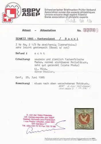 Suisse: 1845, courrier cantonal de Bâle, MiNr. 8a, cacheté, SBPV/ASEP Attest