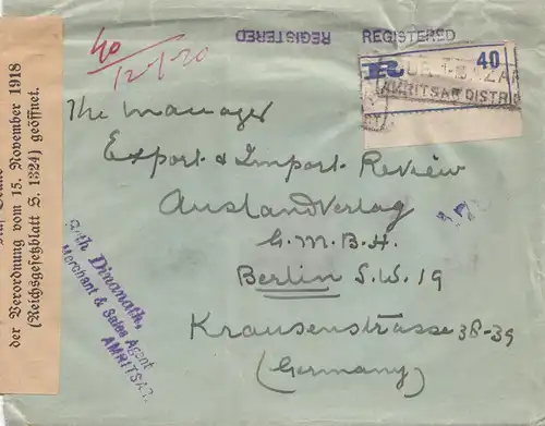 India: 1921: Registered Amritsar to Berlin, opened Postüberwachungsstelle