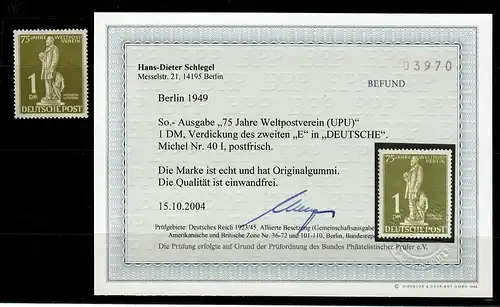 Berlin 1949: MiNr. 40 I, postfrisch, **, BPP Befund, Plattenfehler