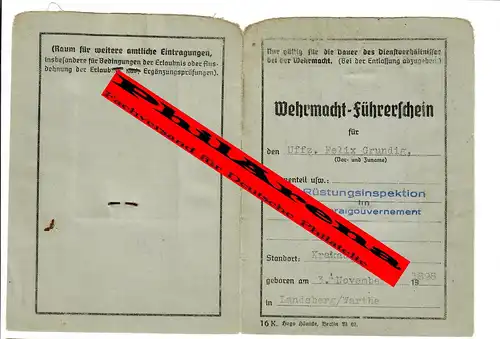 Generalgouvernement GG: Wehrmacht Führerschein Krakau, 1940
