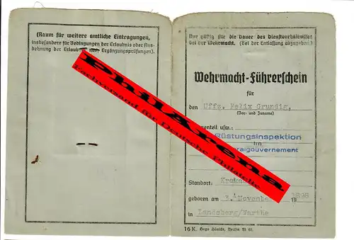 Gouvernement général GG: Wehrmacht Permis de conduire Cracovie, 1940