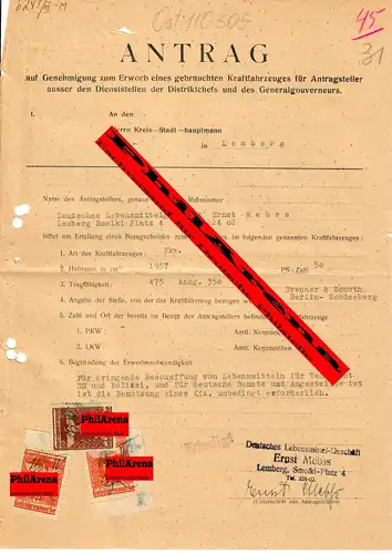 Generalgouvernement GG: Antrag Genehmigung gebrauchtes KFZ, 1943, Gebührenmarken