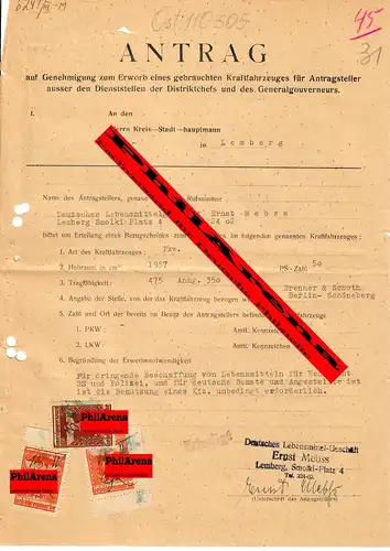 Gouvernement général GG: demande d'autorisation de véhicules d 'occasion, 1943, timbres