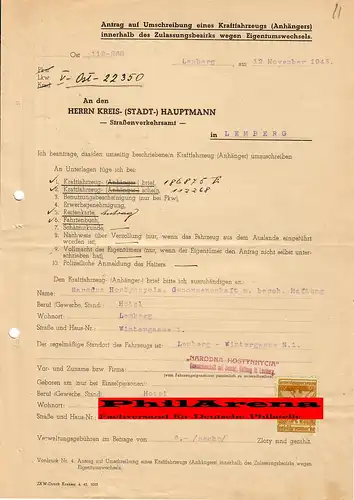 Generalgouvernement GG: Antrag Umschreibung KFZ, Lemberg 1943, LKW Z.I.S.-5  