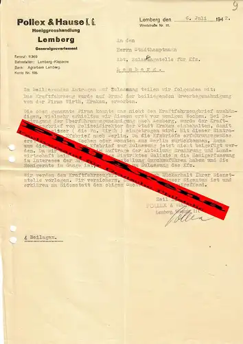 Generalgouvernement GG: Brief mit der Bitte um KFZ Zulassung, Lemberg 1942