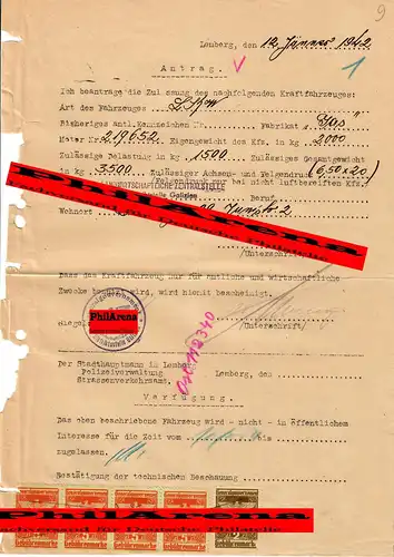 Generalgouvernement GG: Antrag auf Zulassung eines LKW GAZ, 1942