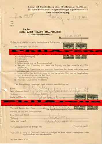 Generalgouvernement GG: Antrag Umschreibung PKW mit Anhänger OPEL, Lemberg 1944