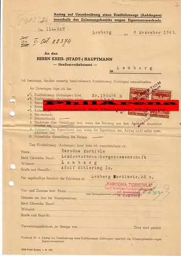 Generalgouvernement GG: Antrag Umschreibung LKW GAZ-AA, Lemberg 1943
