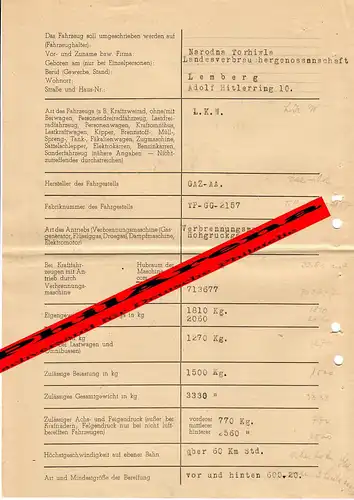 Generalgouvernement GG: Antrag Umschreibung LKW GAZ-AA, Lemberg 1943