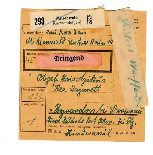 Gouvernement général GG: Carte de colis intérieur de Mittenwald à Zyrardow 1944