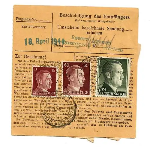 Generalgouvernement GG: Inlandpaketkarte von Mittenwald nach Zyrardow 1944