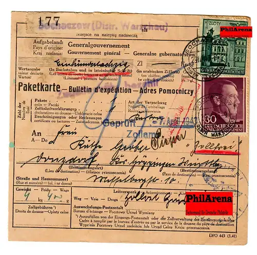 Generalgouvernement GG: Ausland Paketkarte von Sochaczow nach Donzdorf 1943