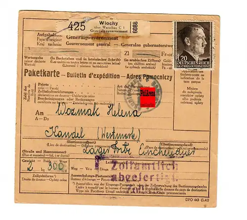 Gouvernement général GG: Carte de colis Wlochy vers Kandel/Lager 1943