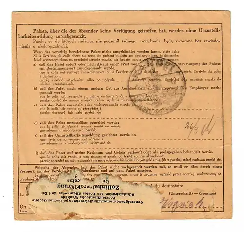 Gouvernement général GG: Carte de colis Wlochy vers Kandel/Lager 1943