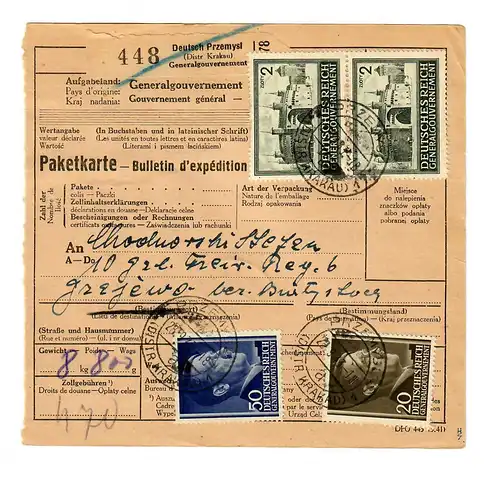 Generalgouvernement GG: Ausland Paketkarte nach Grzjewo 1943, 10. Freiw. Reg. 6