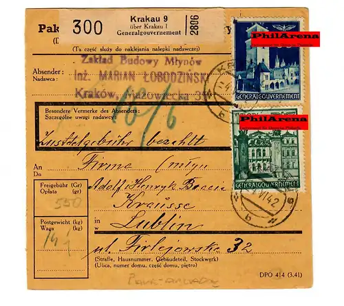 Generalgouvernement GG: Inland Paketkarte nach Lublin 1942, Paketlagergebühr