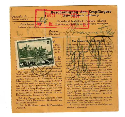 Generalgouvernement GG: Inland Paketkarte nach Lublin 1942, Paketlagergebühr