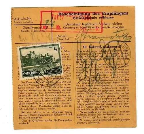 Gouvernement général GG: Carte de colis intérieur après Lublin 1942, frais de stockage