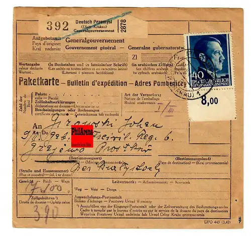 Generalgouvernement GG: 1943 Ausland Paketkarte nach Grzjewo - 10. Freiw. Reg. 6