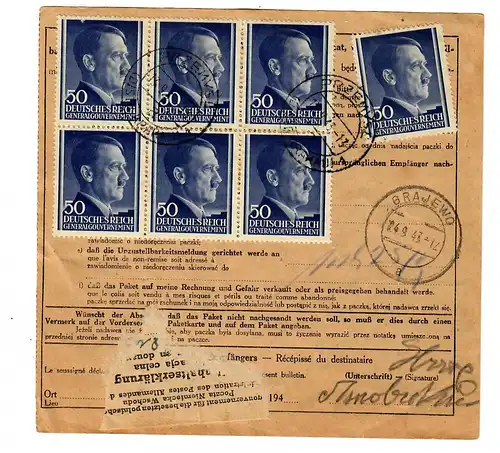 Generalgouvernement GG: 1943 Ausland Paketkarte nach Grzjewo - 10. Freiw. Reg. 6