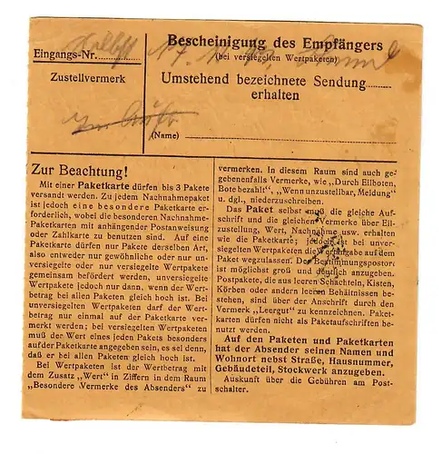 B&M: Carte de colis intérieur pour un pack de service Teinitz a.d. Sasau vers Riedeenburg