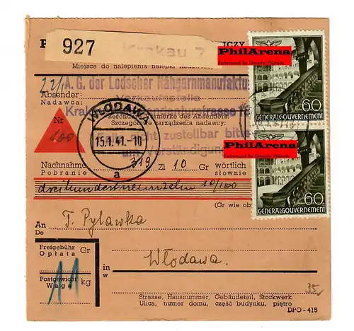 Generalgouvernement GG: Inland Paketkarte Krakau - Wlodawa 1941