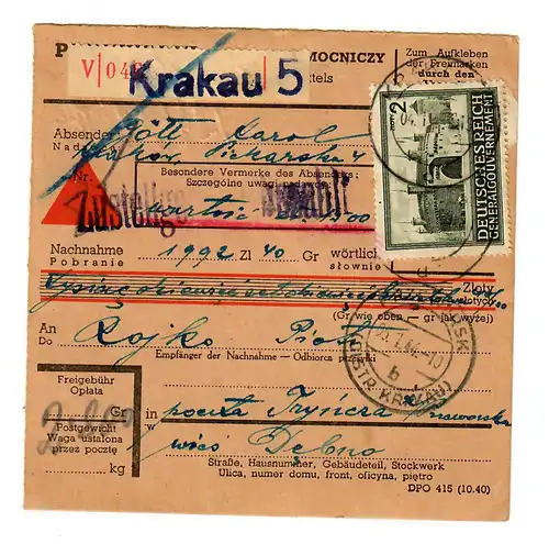 Generalgouvernement GG: Inland Wert-NN Paketkarte Krakau - Tryncza 1944